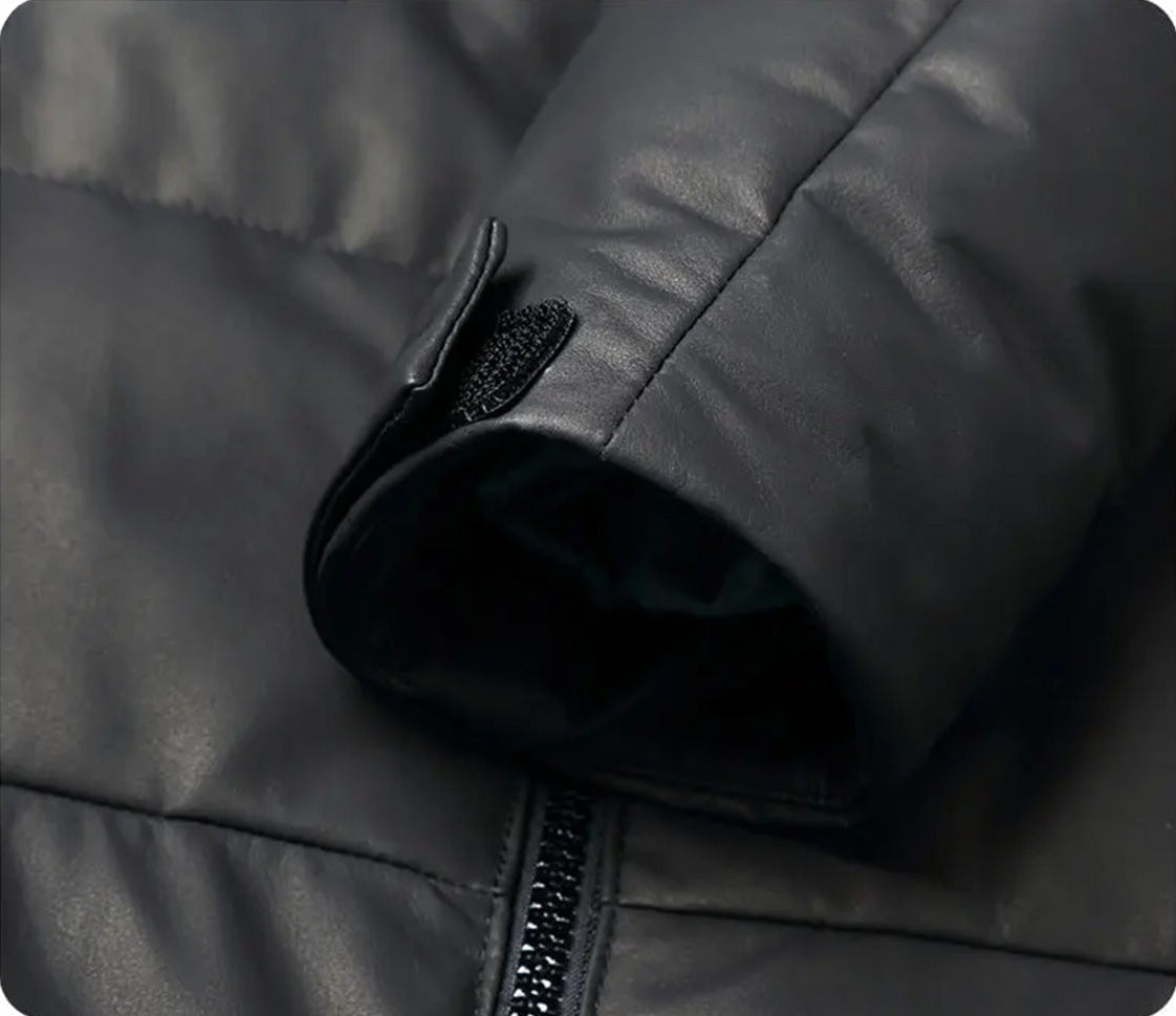 Cuff detail of the men’s raglan-sleeved cowhide down coat — From Borcelleclothes.