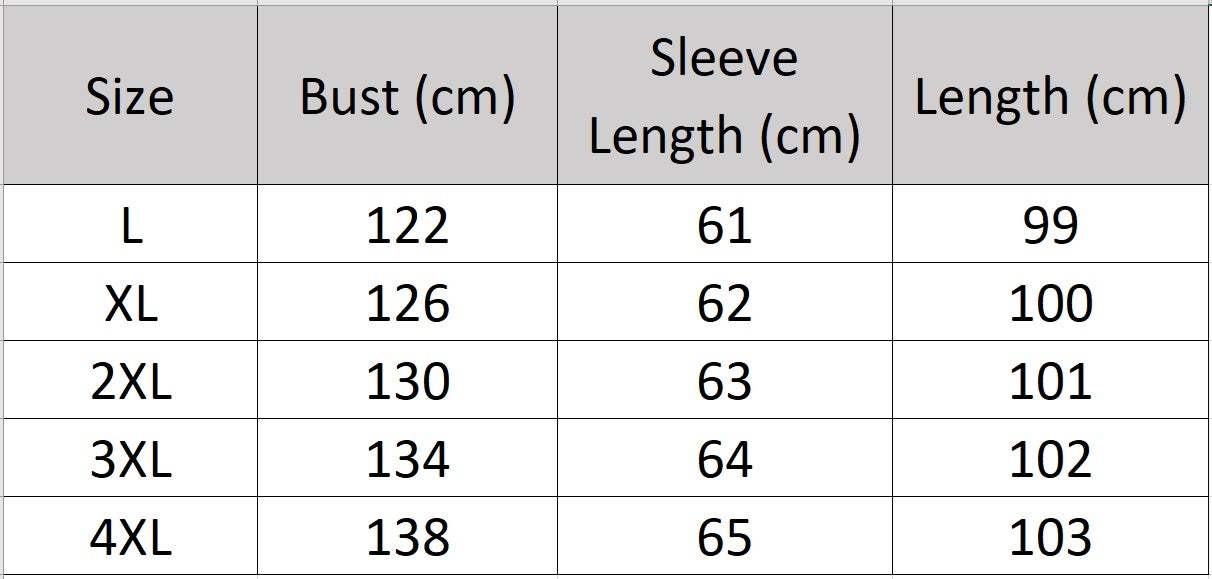 Men’s size chart for a cowhide down coat in Onyx color, with raglan sleeves and sculpted hood-collar design. From Borcelleclothes.