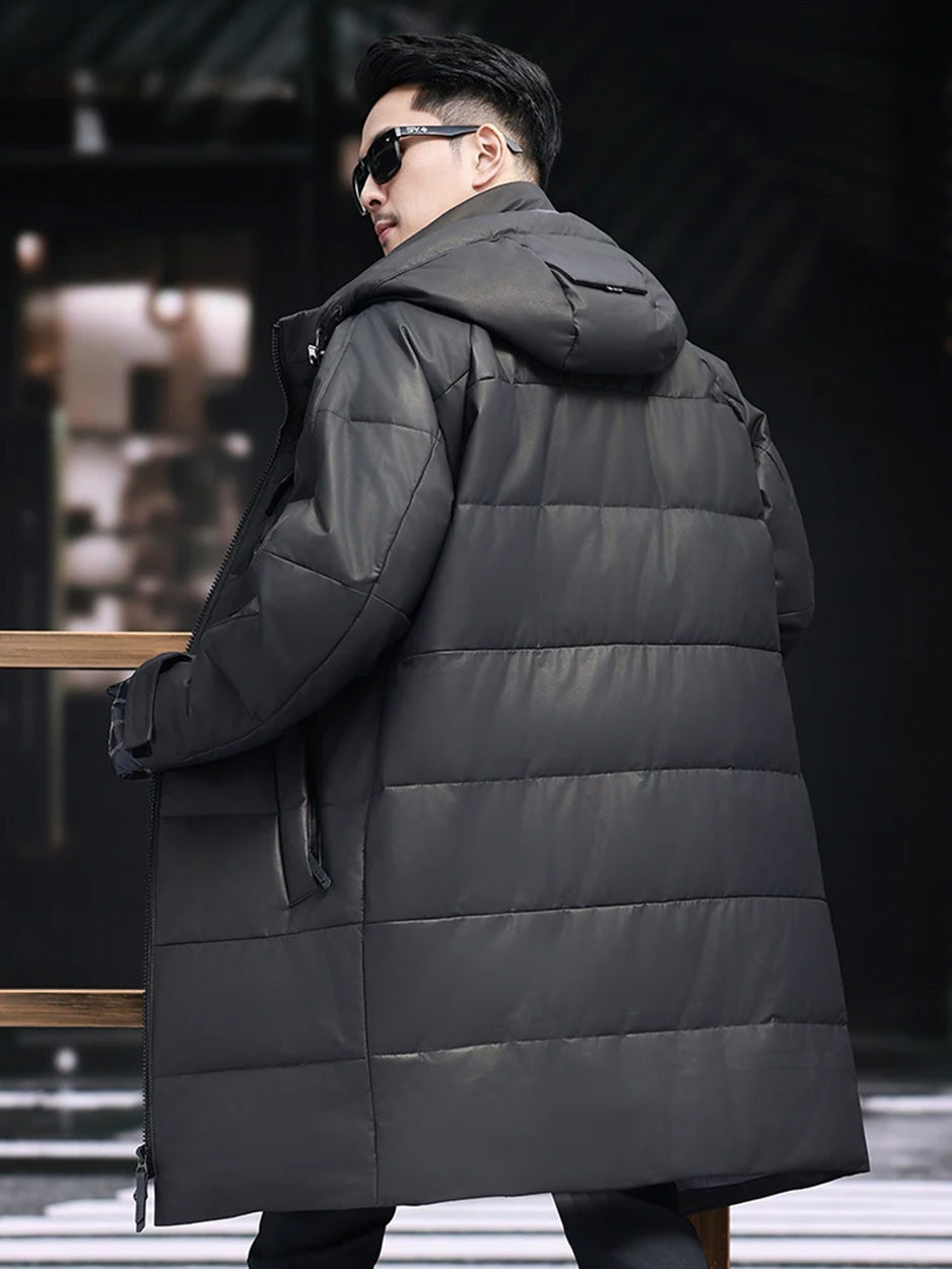 Back view of the unzipped men’s cowhide down coat in Onyx — From Borcelleclothes.