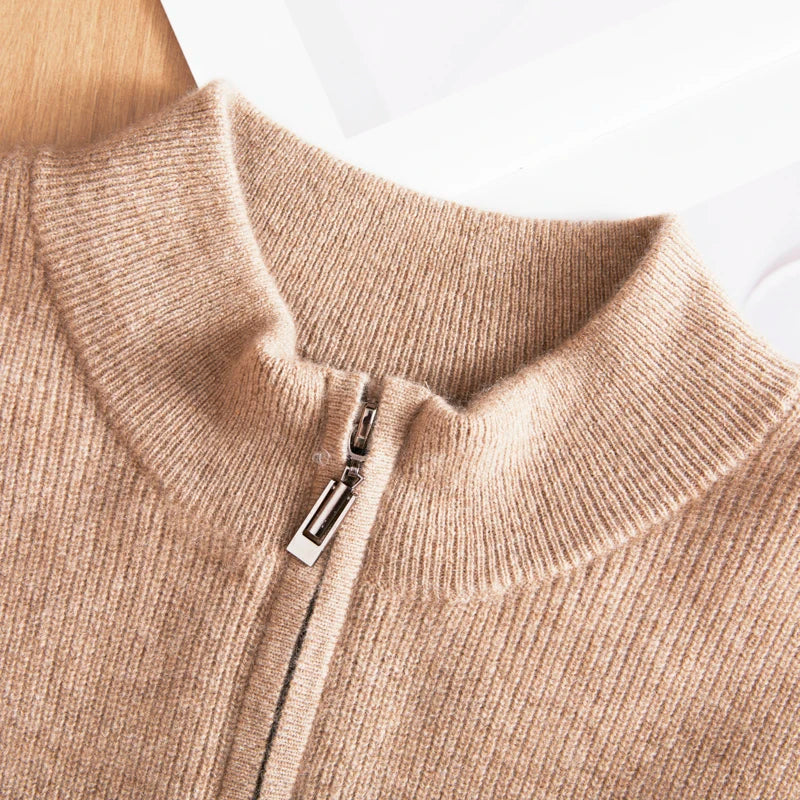 Mock neck detail of the ribbed Himalayan cashmere sweater in French Beige — From Borcelleclothes.