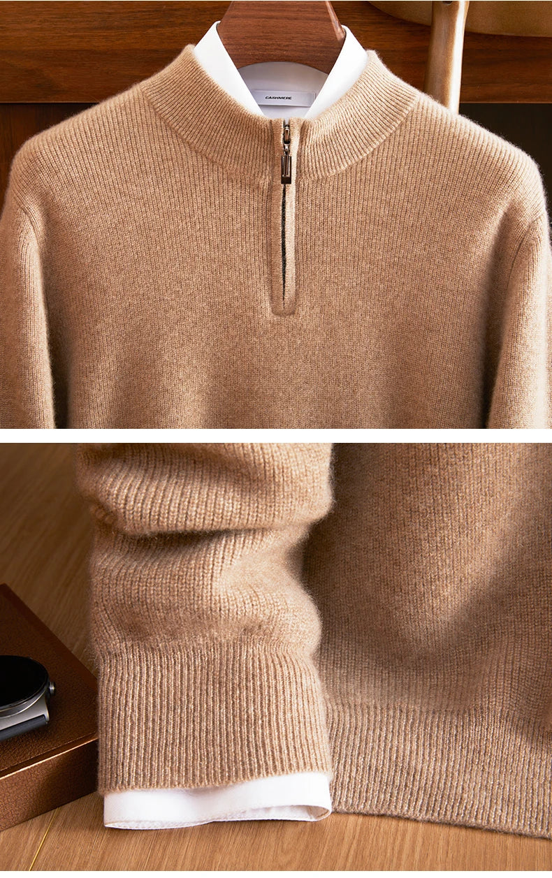 Collage of upper part and cuffs of the ribbed Himalayan cashmere sweater in French Beige — From Borcelleclothes.