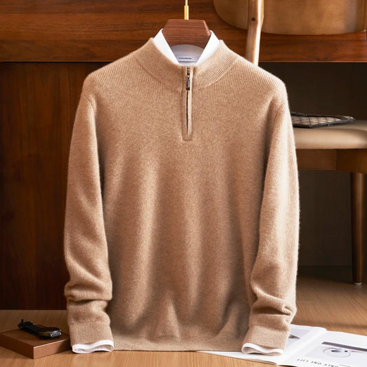 Men's Ribbed Himalayan cashmere sweater in French Beige, with a concealed half-zip placket and fisherman knit texture — From Borcelleclothes.