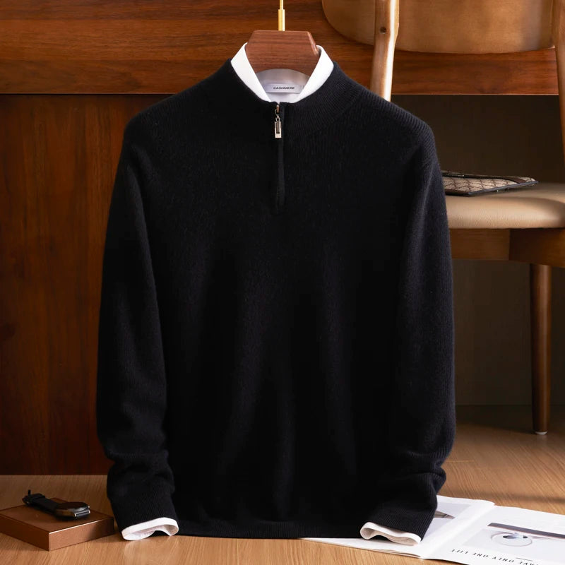 Men's Ribbed Himalayan cashmere sweater in Onyx, with a concealed half-zip placket and fisherman knit texture — From Borcelleclothes.