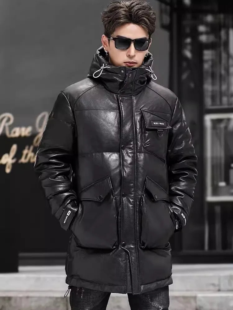 Model in Onyx high-gloss sheepskin jacket standing with hands in pockets, showcasing the jacket’s fluid silhouette and curved front lines. From Borcelleclothes.