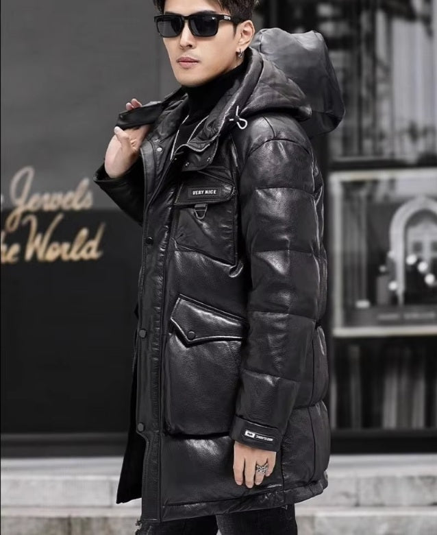 Side view of model in high-gloss Onyx sheepskin jacket, emphasizing curved hem and diagonal panel structure. From Borcelleclothes.