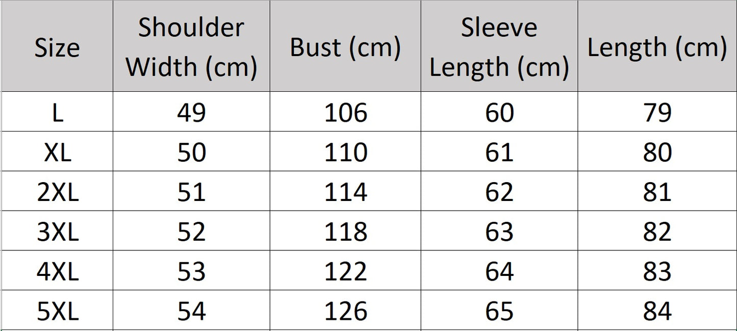 Men's size chart for a sheepskin gloss down jacket in Onyx, mid-thigh length with curved placket, reflective surface and youthful silhouette. From Borcelleclothes.
