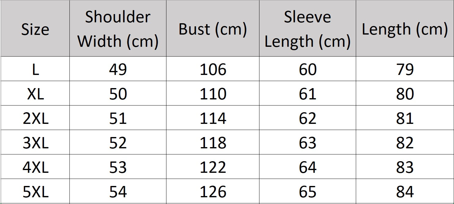 Men's size chart for a sheepskin gloss down jacket in Onyx, mid-thigh length with curved placket, reflective surface and youthful silhouette. From Borcelleclothes.