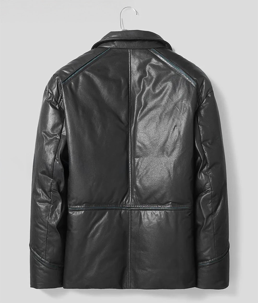 Back view of Black Magic sheepskin jacket showing curved yoke and seam construction — From Borcelleclothes.