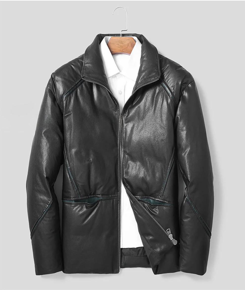 Front view of Black Magic sheepskin jacket with green contrast inserts revealed along sculpted seams — From Borcelleclothes.