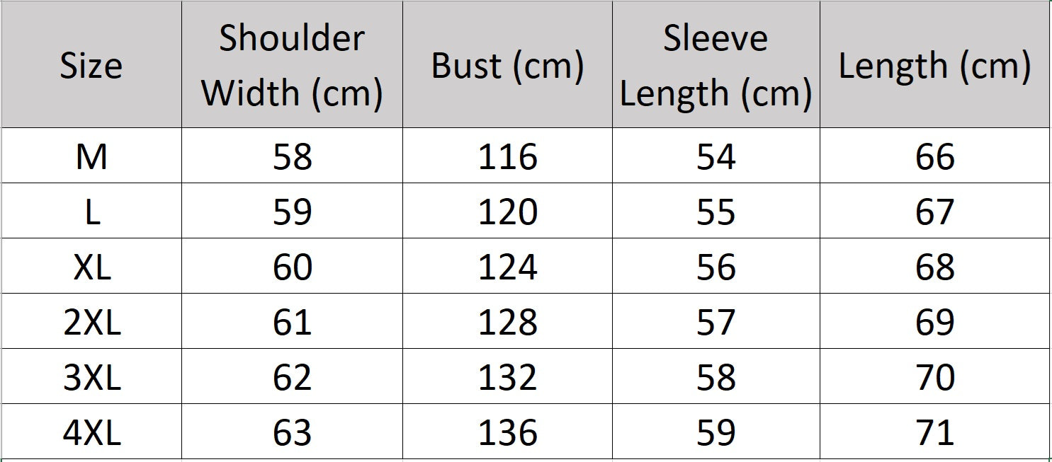 Men’s size chart for a sheepskin down jacket with sculpted seams revealing contrast inserts. — From Borcelleclothes.