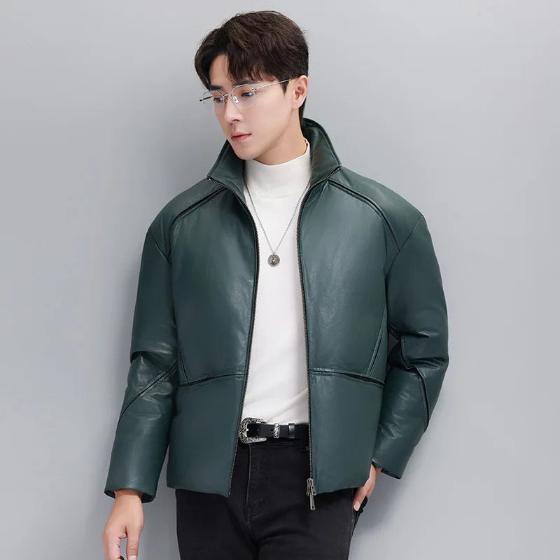 Men’s sheepskin down jacket with sculpted seams revealing contrast inserts — shown in Winter Balsam. —From Borcelleclothes.