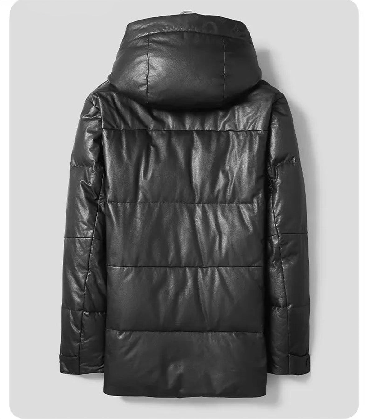 Flat back view of the jacket showing uninterrupted leather texture and articulated hood panel — From Borcelleclothes.