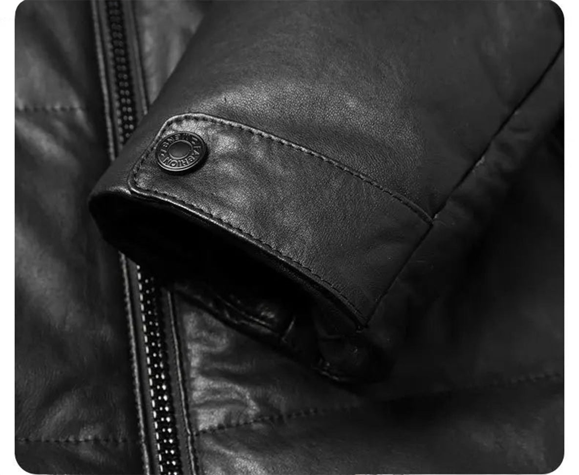 Cuff detail showing front-adjustable snap tab and fine stitching on sheepskin sleeve — From Borcelleclothes.