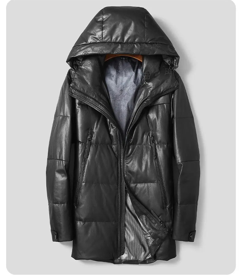 Frontal view of the men’s sheepskin jacket in Onyx with large zippered pockets and central exposed zipper — From Borcelleclothes.