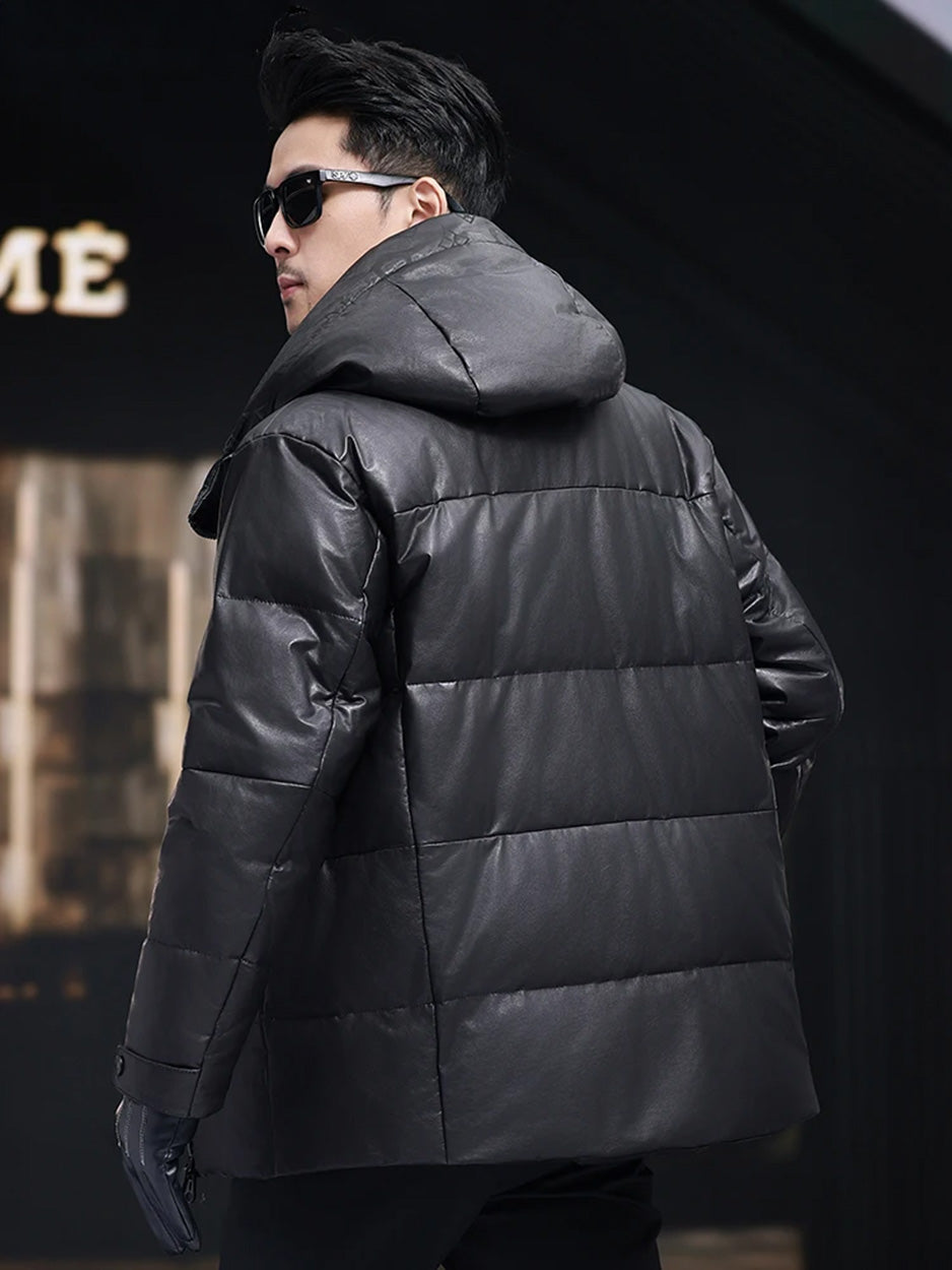 Rear view of the sheepskin jacket worn by model, showing hood shape and smooth Onyx leather — From Borcelleclothes.