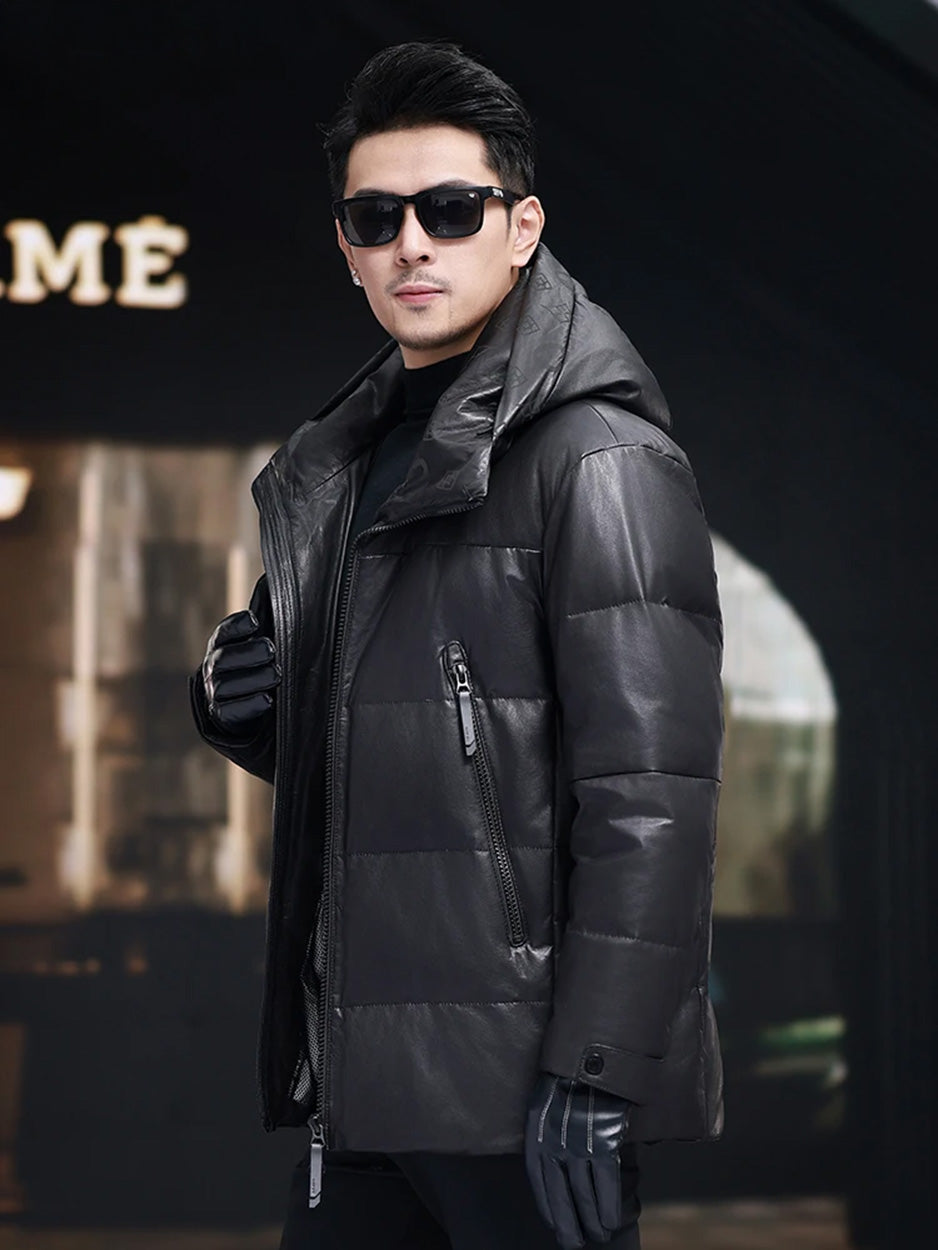 Sheepskin jacket viewed in profile on model, emphasizing vertical construction and diagonal pocket placement — From Borcelleclothes.