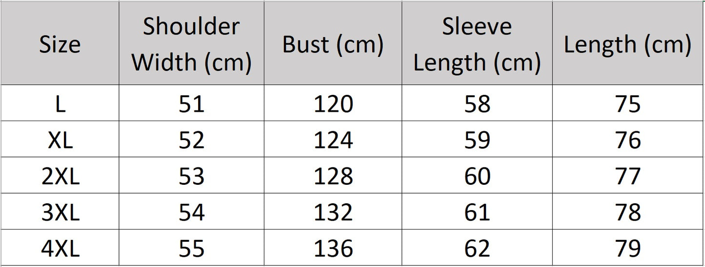 Men’s size chart for a sheepskin down jacket in Onyx with large diagonally zippered pockets, exposed central closure, sculptural hood, and tonal imprint under the collar — From Borcelleclothes.
