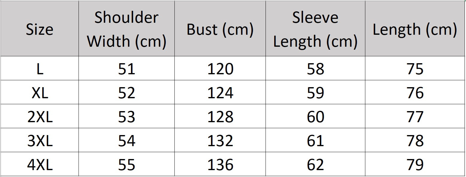 Men’s size chart for a sheepskin down jacket in Onyx with large diagonally zippered pockets, exposed central closure, sculptural hood, and tonal imprint under the collar — From Borcelleclothes.