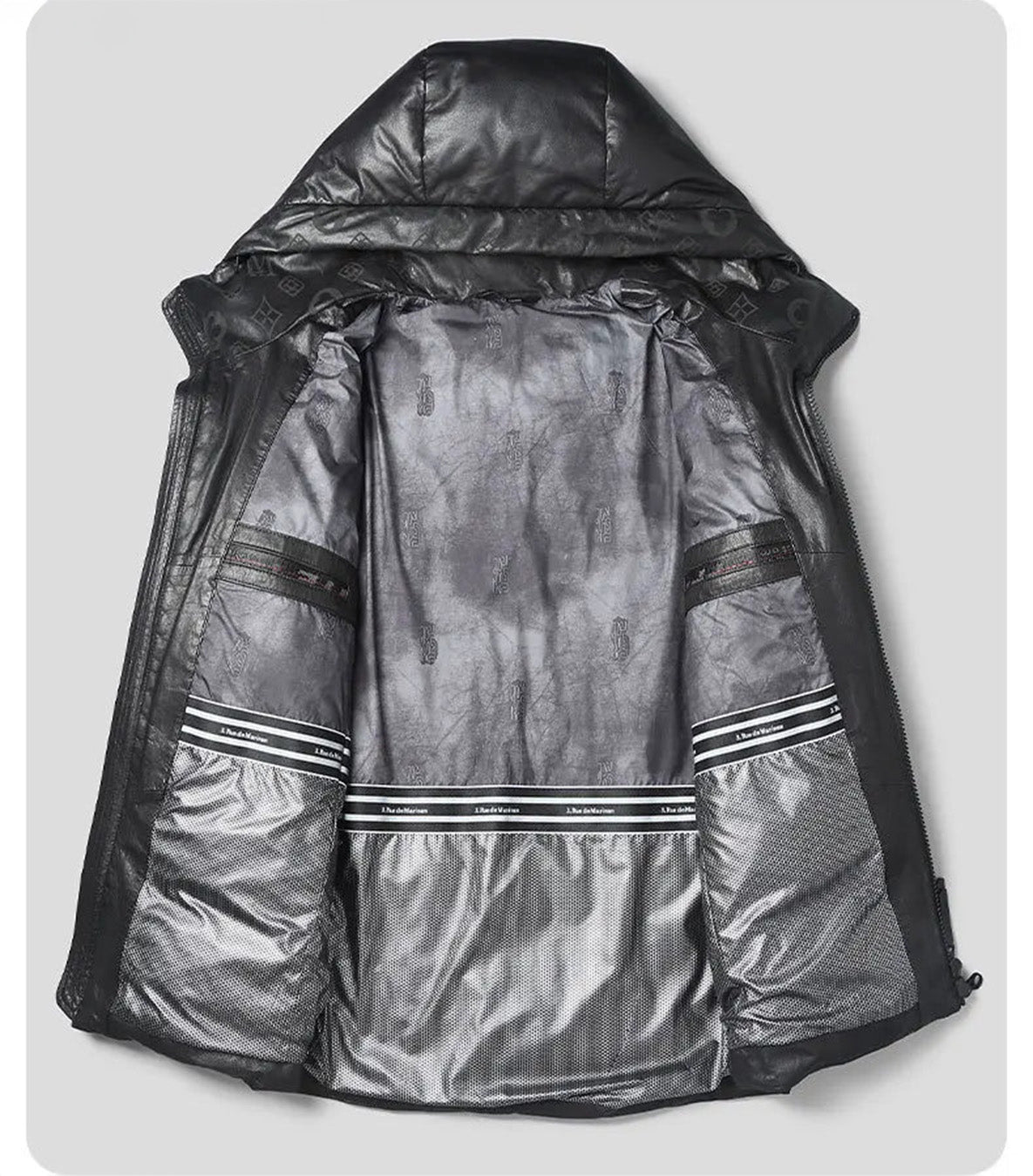 Interior view of the front panel with jacket fully open, revealing contrast lining and zipper finish — From Borcelleclothes.