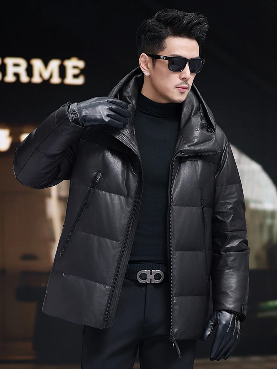 Model unzipping the sheepskin jacket and touching the collar, revealing inner construction and tonal imprint — From Borcelleclothes.