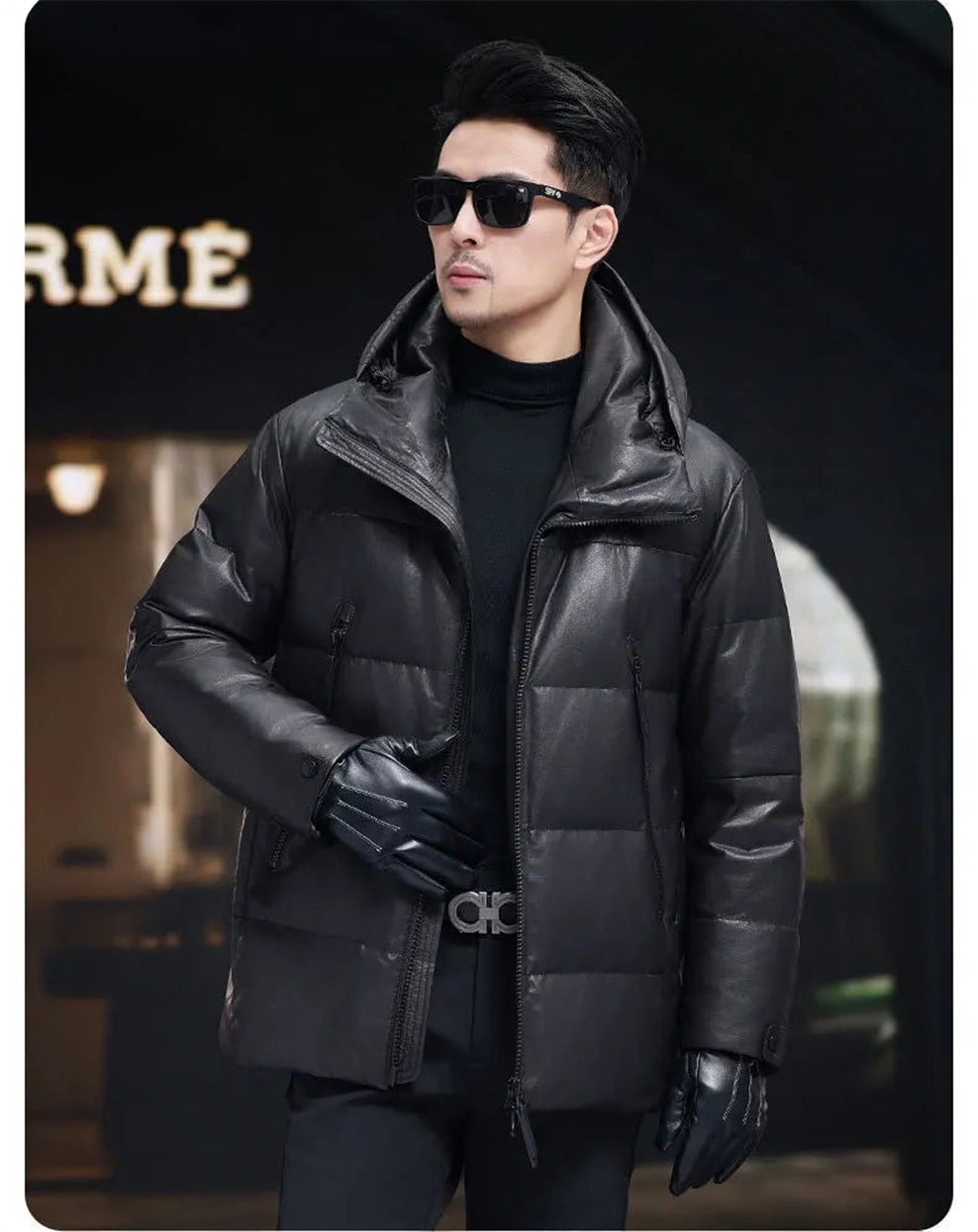 Model unzipping the jacket and holding the front edge open, exposing  front construction — From Borcelleclothes.