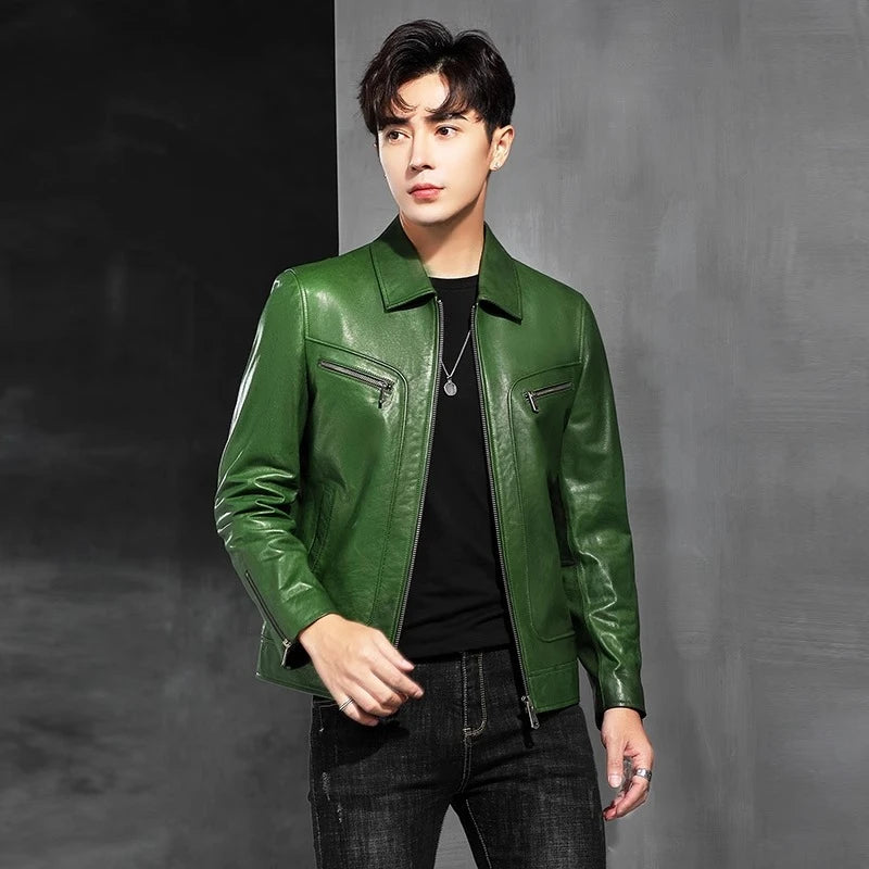 Men’s sheepskin jacket in Highland with tone-on-tone raised leather piping on the front panels—reads as rounded frames or a subtle yoke; precise pointed collar, metal zip-front, flush chest zips, zip cuffs; banded front/sides with an elastic back hem. — From Borcelleclothes.