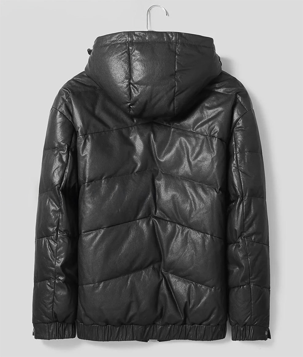 Black Magic sheepskin jacket back view on flat surface – From Borcelleclothes.