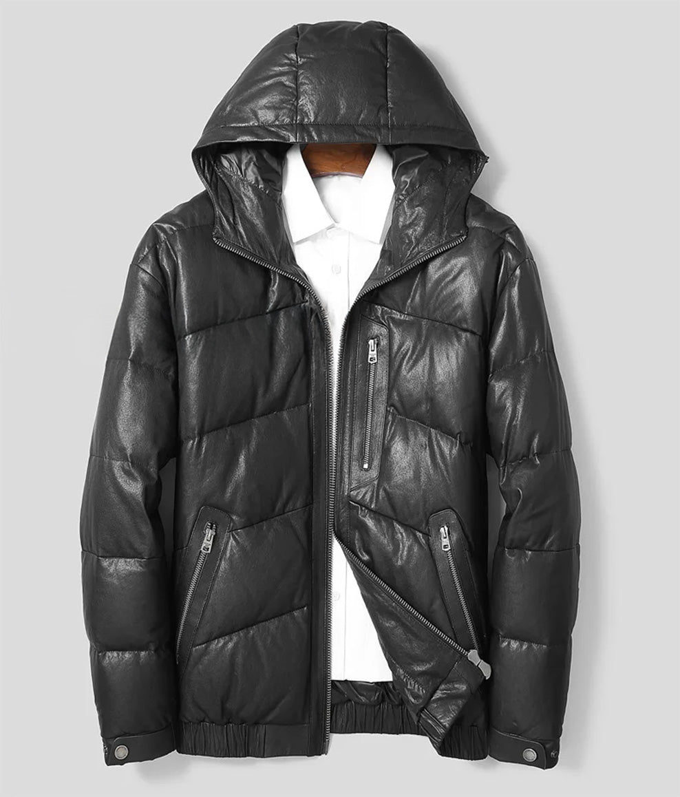 Black Magic sheepskin jacket front view on flat surface – From Borcelleclothes.