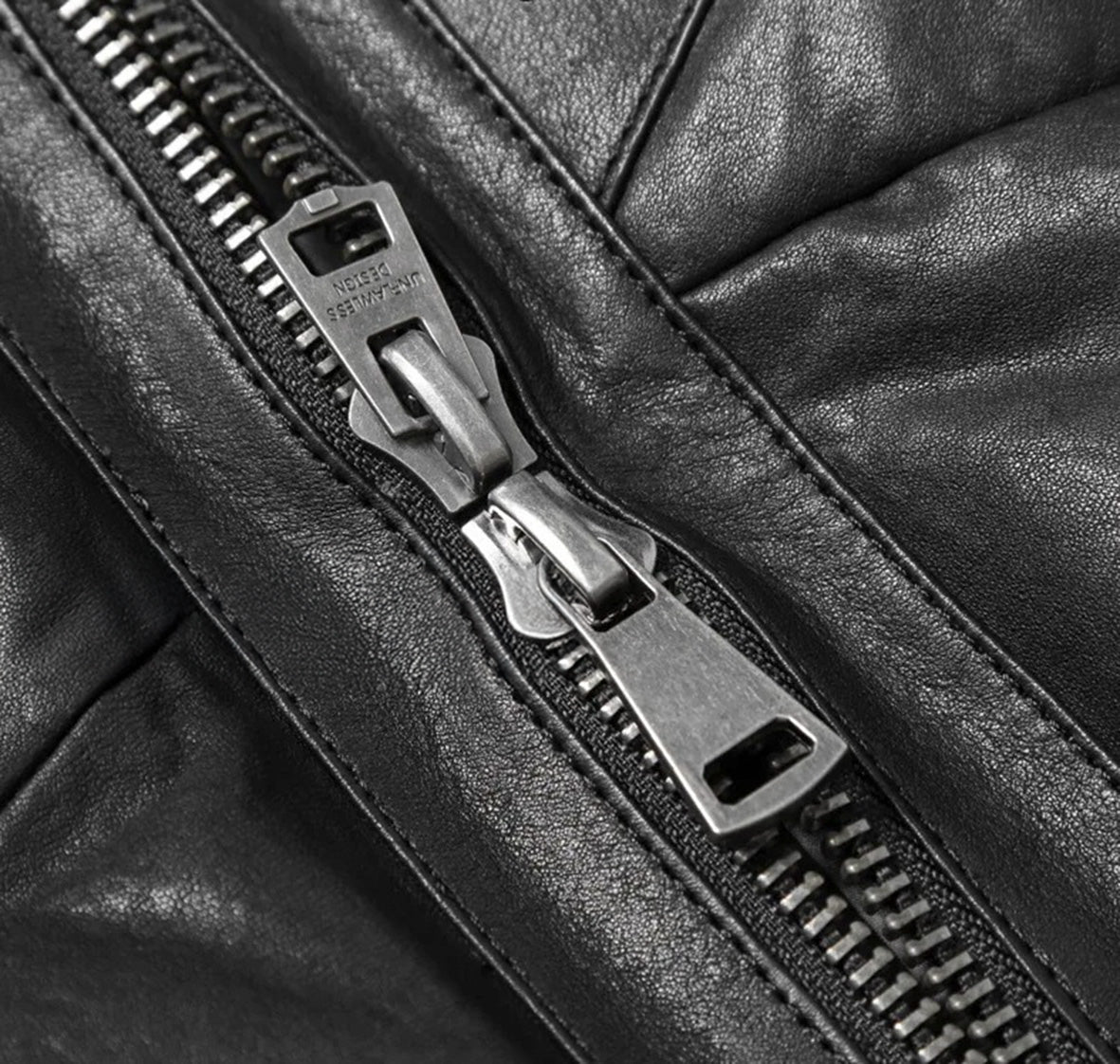 Detail of two-way zipper on Black Magic sheepskin jacket – From Borcelleclothes.