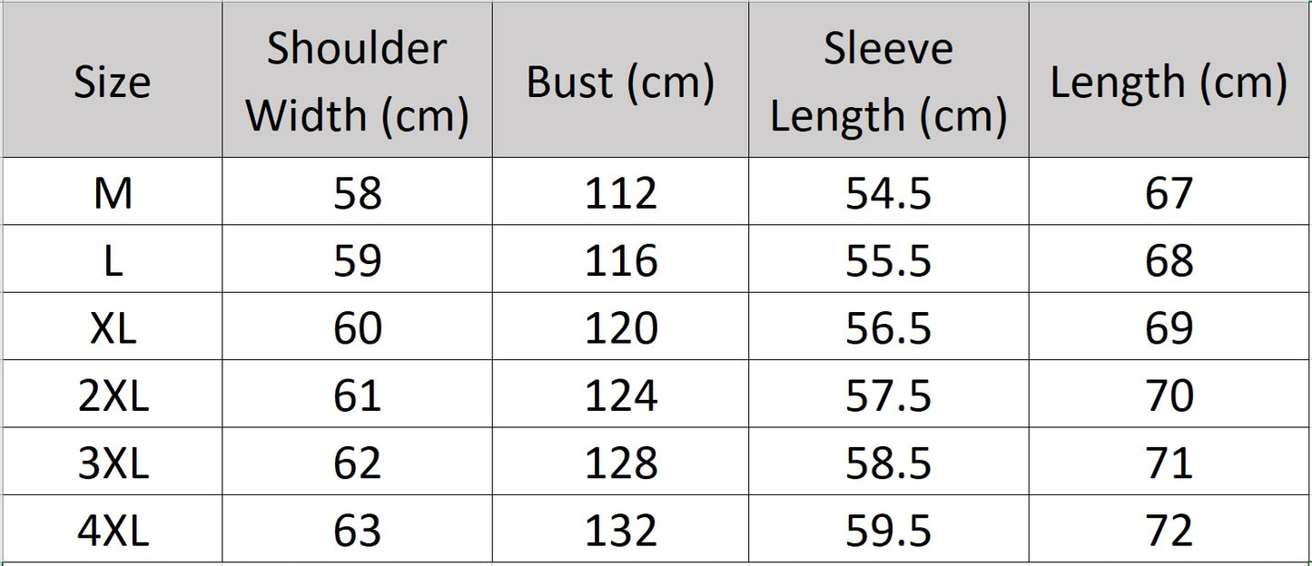 Men's size chart for a sheepskin down jacket with zipper chest and side pockets, elastic cuffs, and a hood with drawcord  — From Borcelleclothes.