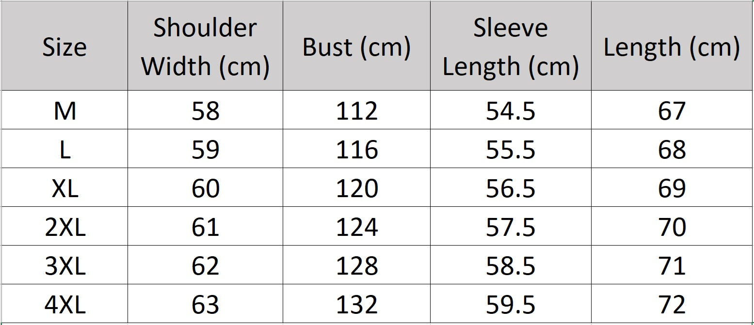Men's size chart for a sheepskin down jacket with zipper chest and side pockets, elastic cuffs, and a hood with drawcord  — From Borcelleclothes.
