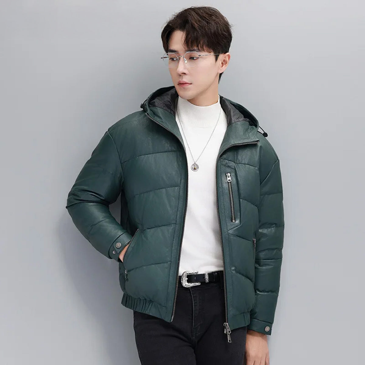 Model in Winter Balsam sheepskin jacket with hand in side pocket – From Borcelleclothes.