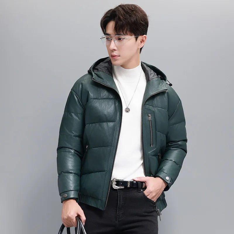 Men's sheepskin down jacket with zipper chest and side pockets, elastic cuffs, and a hood with drawcord — shown in Winter Balsam color — From Borcelleclothes.