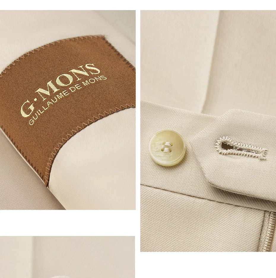 Collage showing the G-Mons label and button closure details on the Soft Amber blazer. From Borcelleclothes.