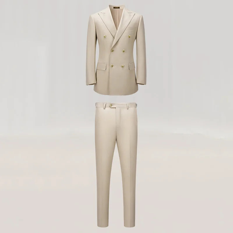 Front view of the Soft Amber blazer and trousers laid flat, showcasing the suit’s precise lines and harmony. From Borcelleclothes.