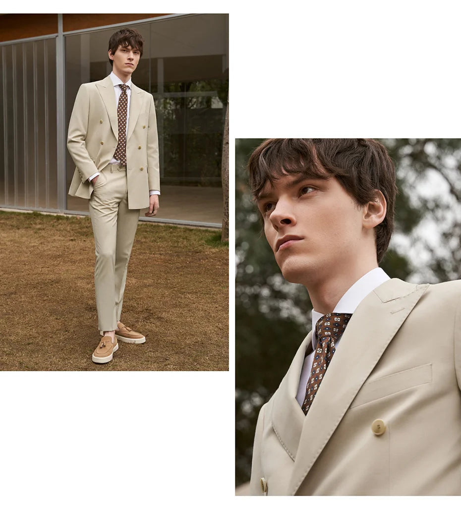 Collage of full-length and upper-part views of the Soft Amber suit on model, emphasizing proportion and detail. From Borcelleclothes.