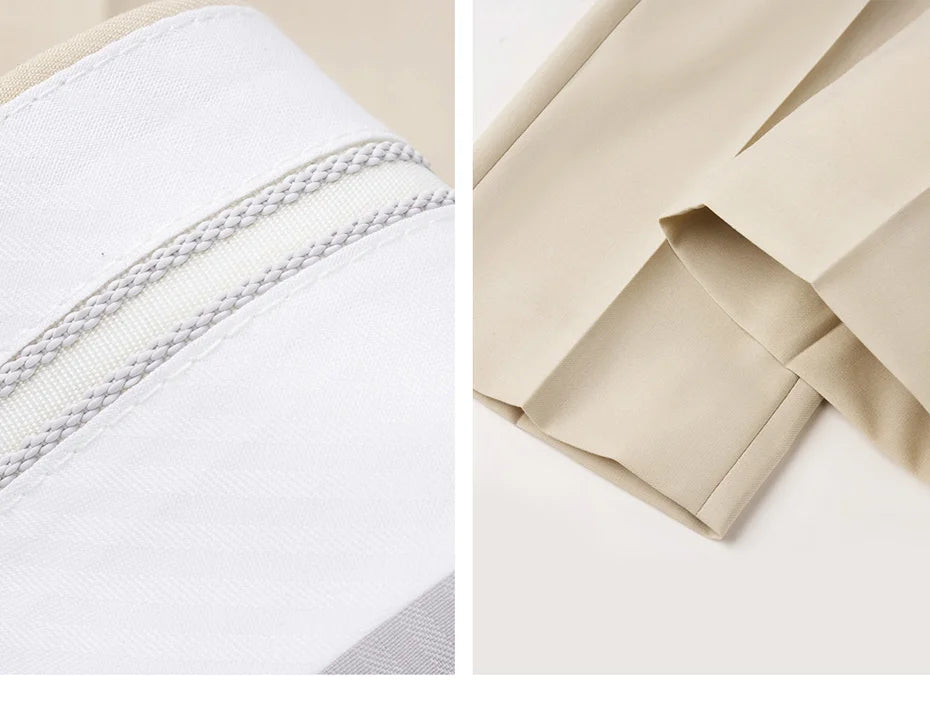 Collage of trousers’ hem and waistband interior, highlighting gripper tape and clean finishing. From Borcelleclothes.