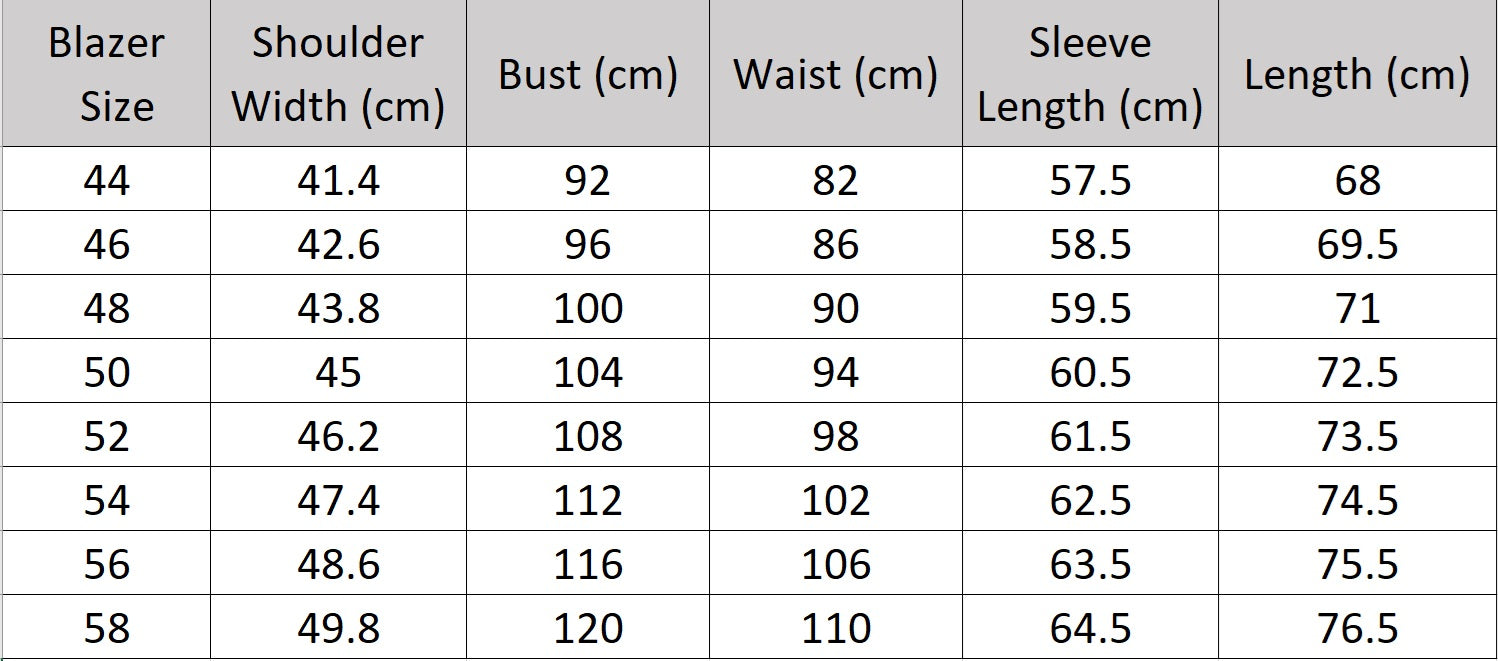 Men’s size chart for a blazer of the double-breasted suit in Soft Amber with peaked lapels and horn buttons, tailored for a composed, aristocratic presence. From Borcelleclothes.