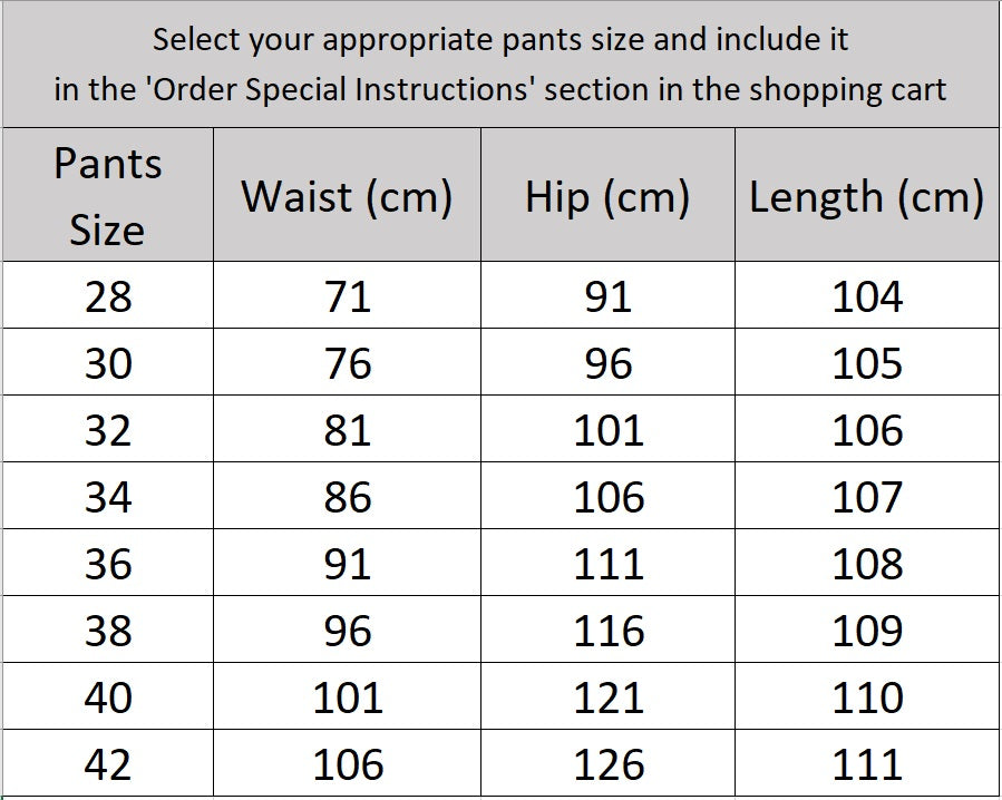 Men’s size chart for pants of the double-breasted suit in Soft Amber with peaked lapels and horn buttons, tailored for a composed, aristocratic presence. From Borcelleclothes.