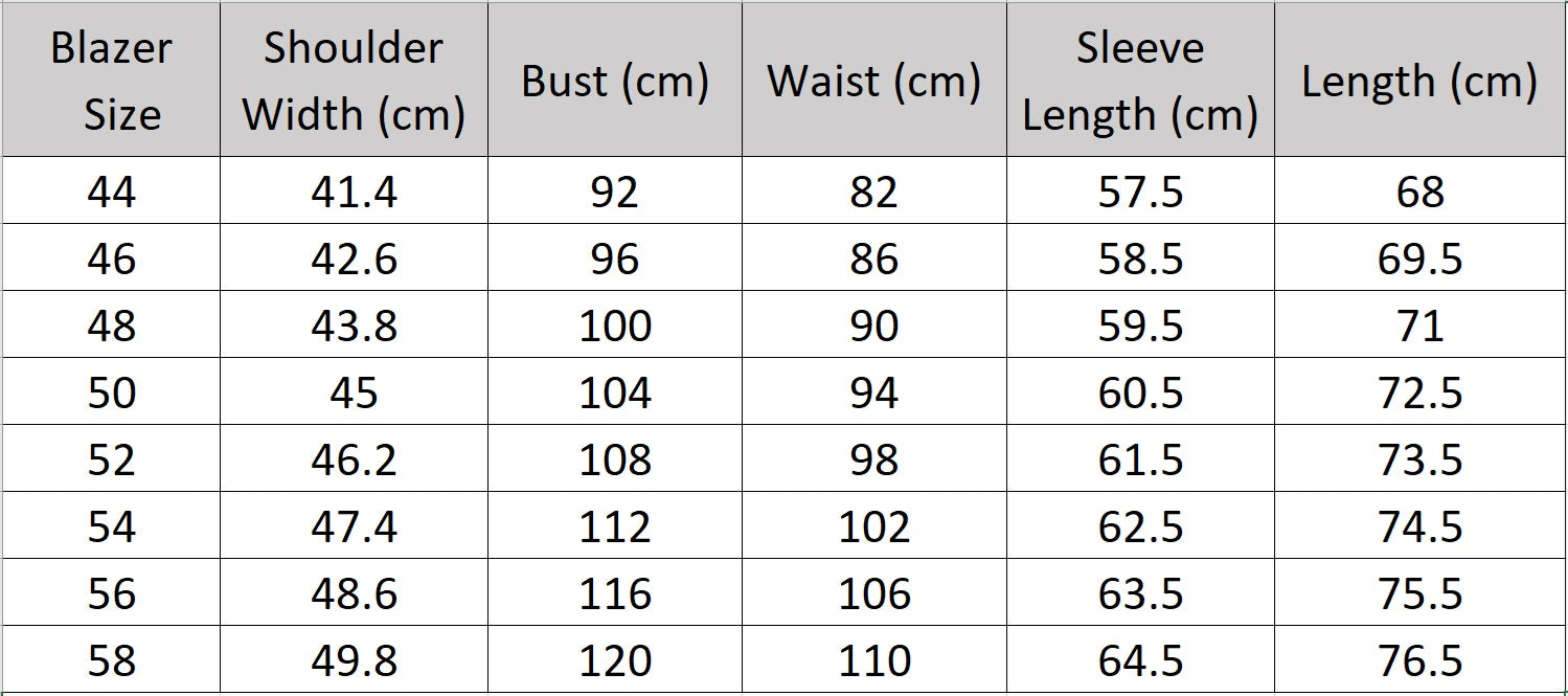 Men’s size chart for a blazer of the Storm Grey wool suit with wide-set pinstripes and patch pockets, styled with both shirt and tee. From Borcelleclothes.