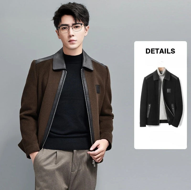 Collage showing model in Dark Rum structured leather-wool jacket with hand in pants pocket and Onyx jacket – From Borcelleclothes.