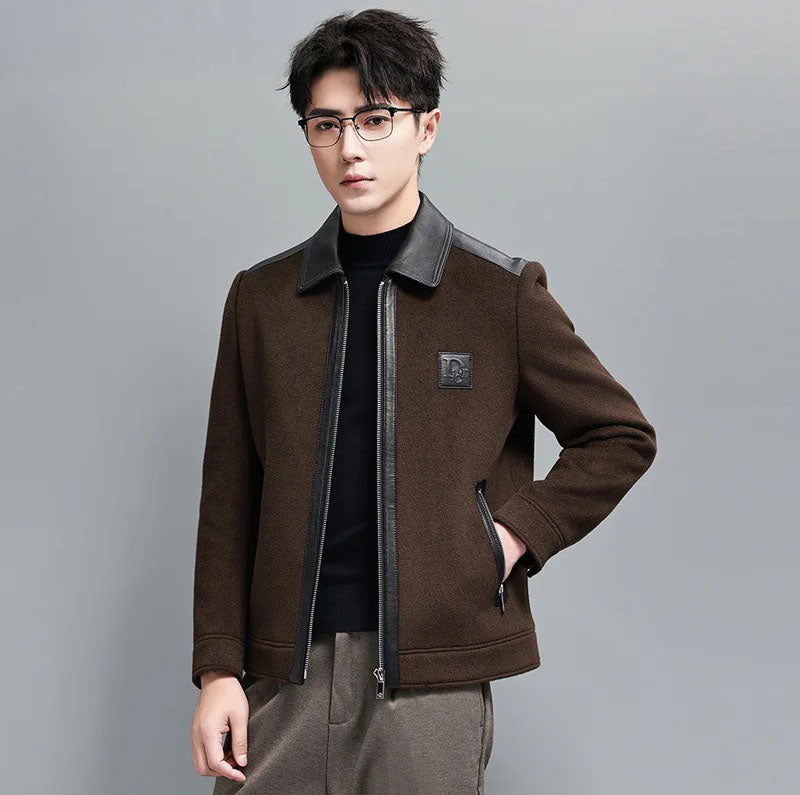 Dark Rum structured leather-wool jacket for men, model with one hand in pocket – From Borcelleclothes.