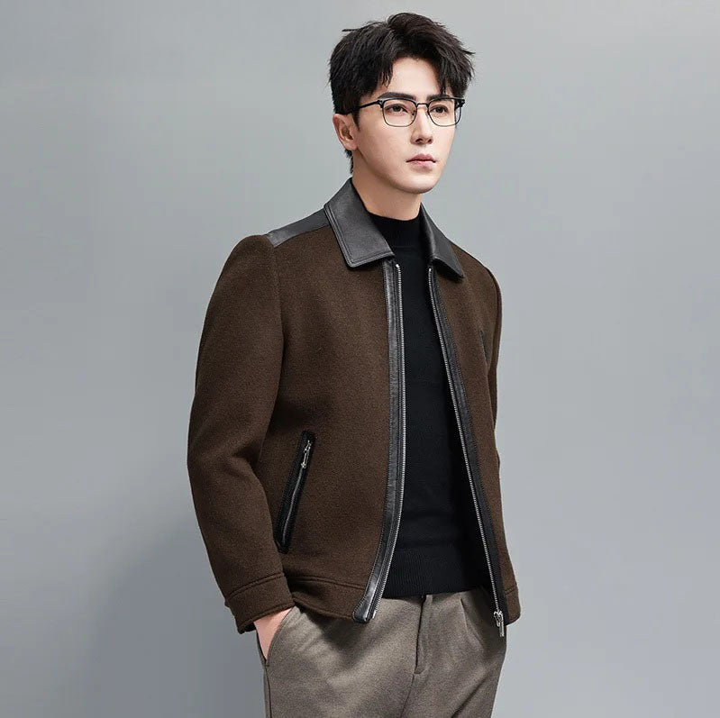 Dark Rum structured leather-wool jacket for men, model with hands in pants pockets – From Borcelleclothes.