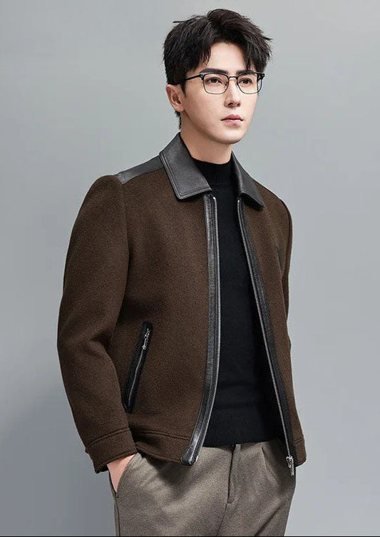 Dark Rum structured leather-wool jacket for men, model with hands in pants pockets – From Borcelleclothes.