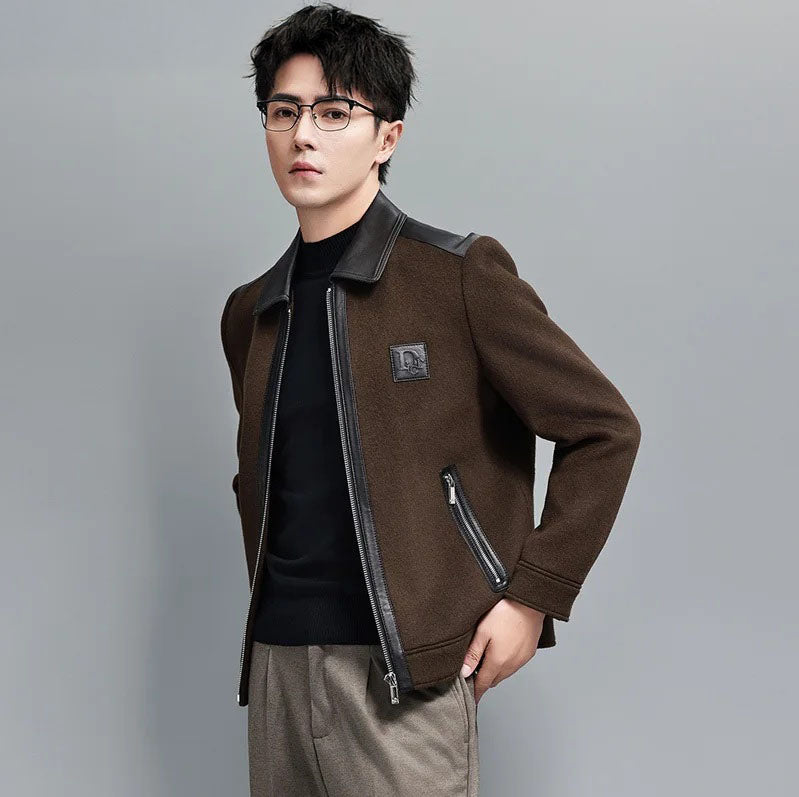 Dark Rum structured leather-wool jacket for men, model turned slightly to the side – From Borcelleclothes.