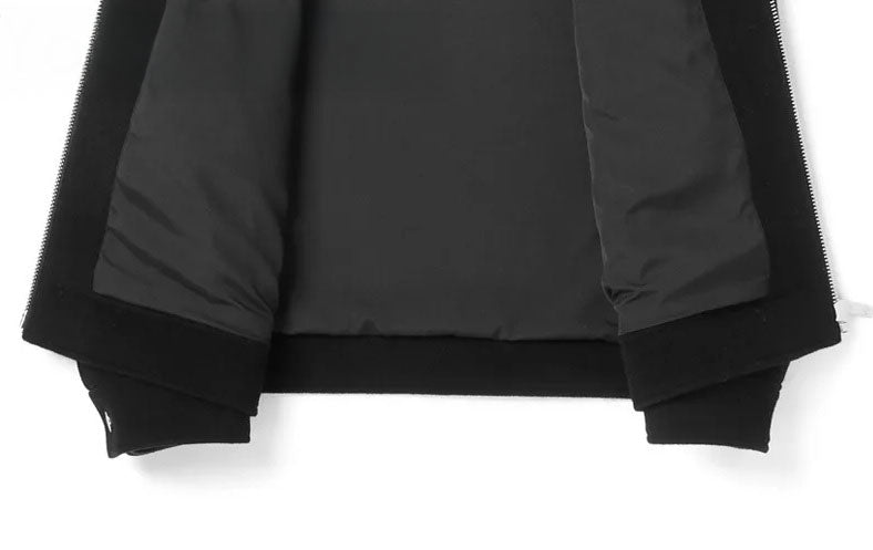 Onyx structured leather-wool jacket for men, unfolded front lower section – From Borcelleclothes.