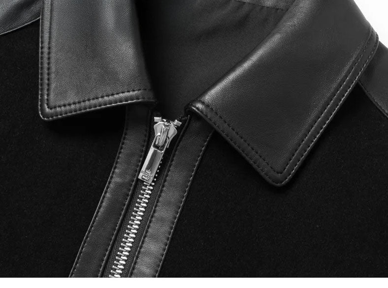 Onyx structured leather-wool jacket for men, close-up of leather collar – From Borcelleclothes.
