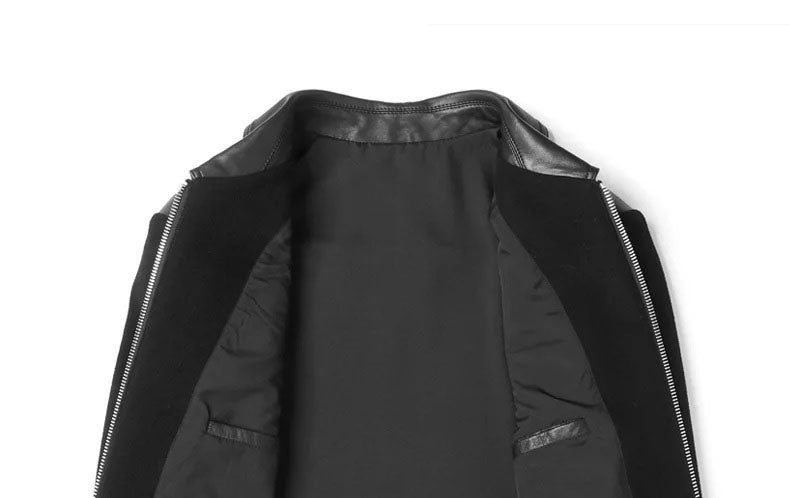 Onyx structured leather-wool jacket for men, unfolded front upper section – From Borcelleclothes.