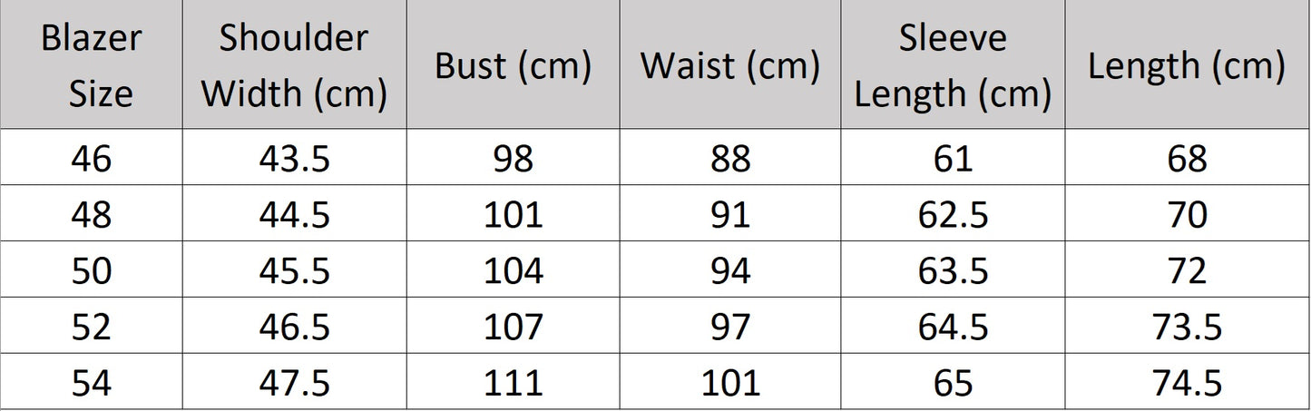 Men’s size chart for a blazer of the wool suit in French Grey with cuffed trousers, brown horn buttons, and notch lapels — a subtly textured, melange fabric suit evoking British tailoring with intellectual poise. From Borcelleclothes.
