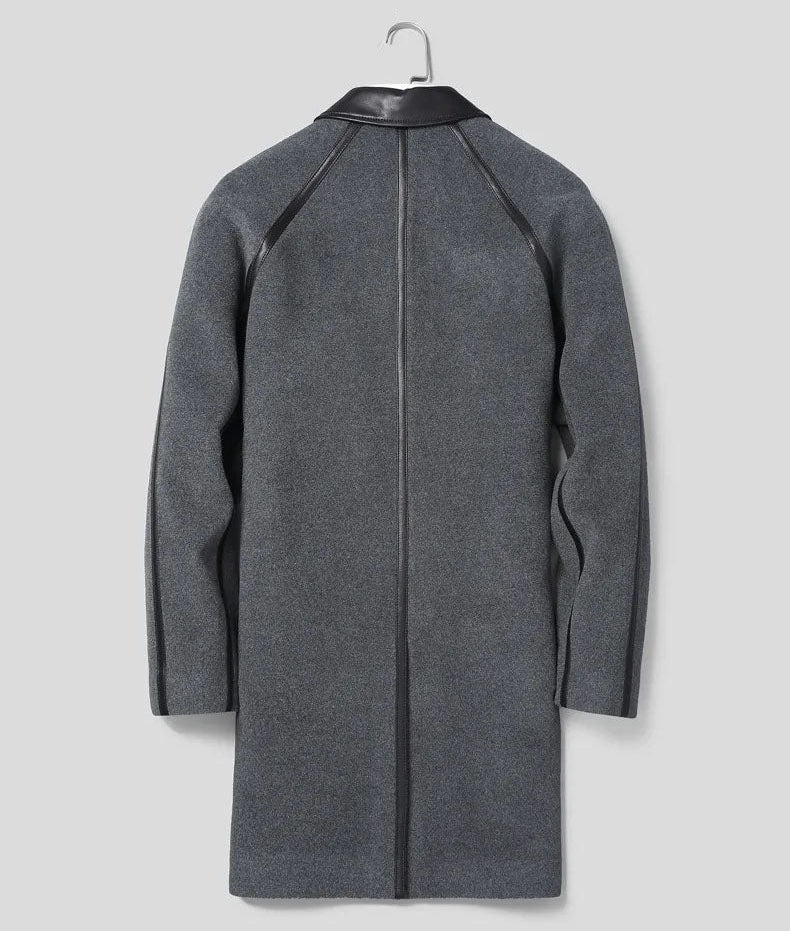 Back view of Bright Grey Urban Leather-Trim Wool Coat – From Borcelleclothes.
